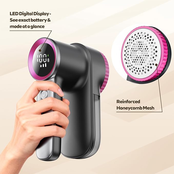 Rechargeable Fabric Shaver & Lint Remover, Electric Sweater Defuzzer with 3 Speeds, 6 Leaf Blades, LED Display & Type-C Fast Charging, Lint Shaver for Clothes, Furniture, Sweater, Couch