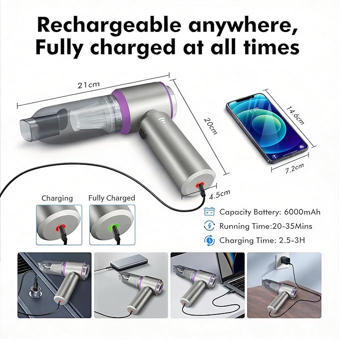 Car Vacuum Portable Cordless, 20000Pa 4-in-1 Handheld Cleaner & Air Duster, 80000RPM Brushless Motor, Type-C Charging, HEPA Filter, Storage Case for Car Home Office (Purple)