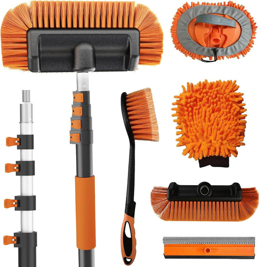 Buyplus 18FT Reach Car Wash Brush with Long Handle - Car Cleaning Kit with 3-12FT Extension Pole, Wheel Brush, Microfiber Cleaning Mop, Mitt
