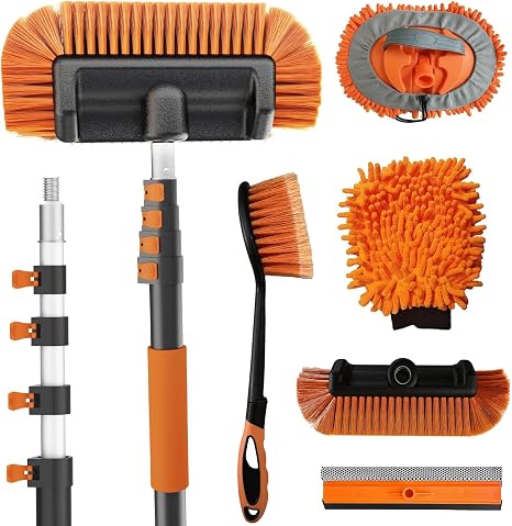 Buyplus 18FT Reach Car Wash Brush with Long Handle - Car Cleaning Kit with 3-12FT Extension Pole, Wheel Brush, Microfibe