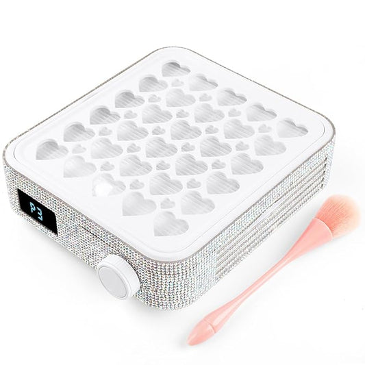 BQAN Nail Dust Collector Portable for Home & Salon - 4200RPM Vacuum with Reusable Filter, for Acrylic Drilling Dust Beginner Friendly Small Manicure Tool (White AB Rhinestones)