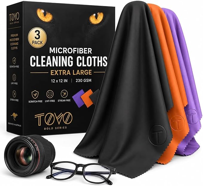 Extra Large Microfiber Cleaning Cloth – 3 Pack, 12"x12", 230 GSM Thick Lens Cleaner for Glasses, Camera & Screens, Ultra Soft, Streak-Free, Lint-Free, Scratch-Safe (Bold Series)