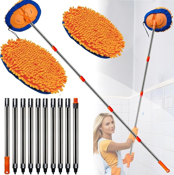 Wall Cleaner, Max 13 Ft+ Wall Mop with Long Handle, Ceiling Dust Mop with 15° Labor-Saving Elbow Extension Pole, Baseboard Duster Washer Scrubber, High Reach Window Cleaning Brush, Roof Cleaning Tool