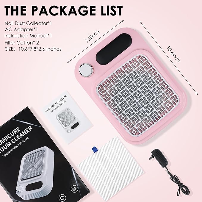 Pink Nail Dust Collector with Reusable Filter for Acrylic Gel Nails, Power Nail Vacuum Cleaner Dust Catcher Adjustable Dust Sucker for Nails Manicure Pedicure at Home Nail Salons