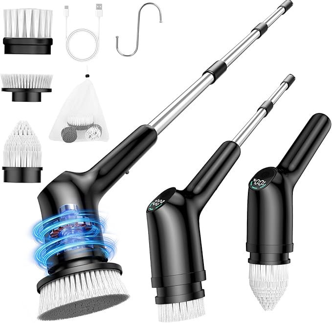 Shower Scrubber with Long Handle for Cleaning Bathroom, Electric Spin Scrubber Cleaning Brush with IPX7 Waterproof & 2Speed, 3Brush Heads, Bathroom Cleaning Supplies for Shower Tub Tile Toilet, Black