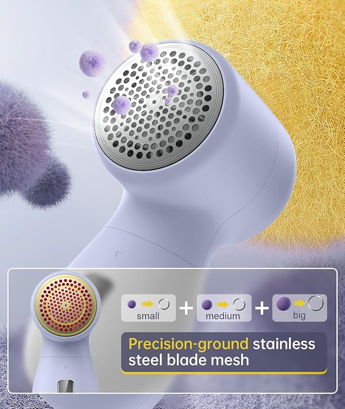 Rechargeable Fabric Shaver Lint Remover, Sweater Shaver with 3-Speed Control, LED Display Clothes Shaver, 6-Leaf Stainless Steel Blades, Suitable for Clothes, Sweater, Couch, Blanket, Wool (Purple)