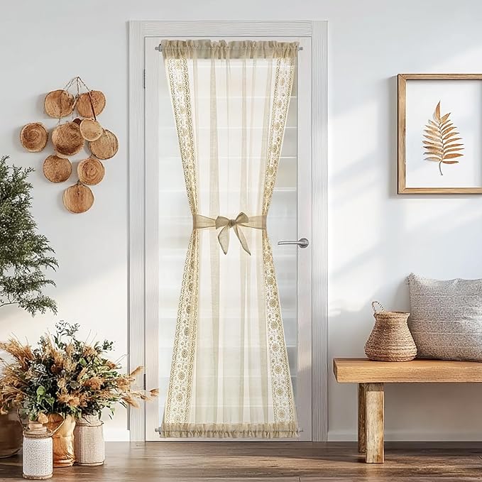jinchan French Sheer Volie Door Curtain Embroidered Farmhouse Linen Curtain for Patio Door with Tie up Bows Light Filtering for Door Window Closet Rod Pocket 72 Inches 1 Panel Crude on Beige