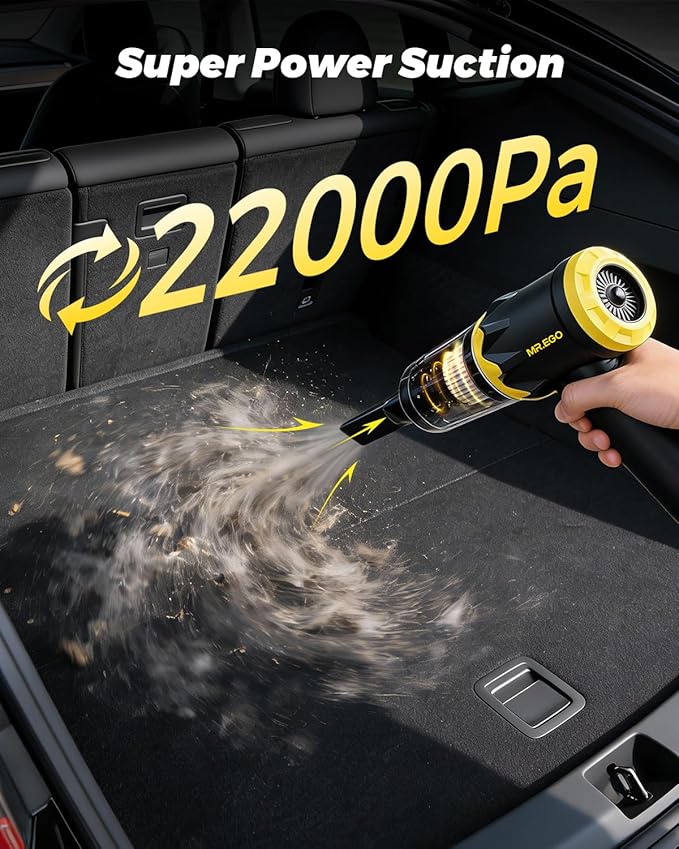 Mr.ego Car Vacuum Portable Cordless, 22000Pa High-Power Suction Handheld Vacuum & Air Duster with Brushless Motor, Multi-Nozzles, Washable Filter & Type-C Charging for Car, Home, Office, Pet Hair