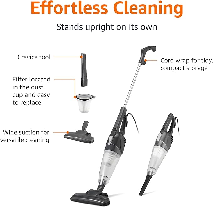 Amazon Basics 2-in-1 Corded Stick Vacuum Cleaner, Converts to Handheld, Lightweight (3.9 LBS), with Washable Filter, Crevice Tools, 0.5L Dust Cup, Self-Standing, 19.7-Ft Cord, 300W, Black