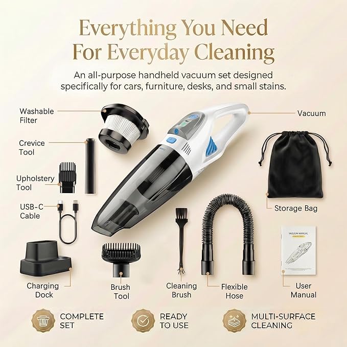 Handheld Vacuum Cordless, 25000Pa Powerful Suction Car Vacuum Portable Cordless with 8000mAh Battery & LED Light, Hand Held Vacuum Rechargeable with HEPA Filters, Home, Car Seats, Pet Hair White