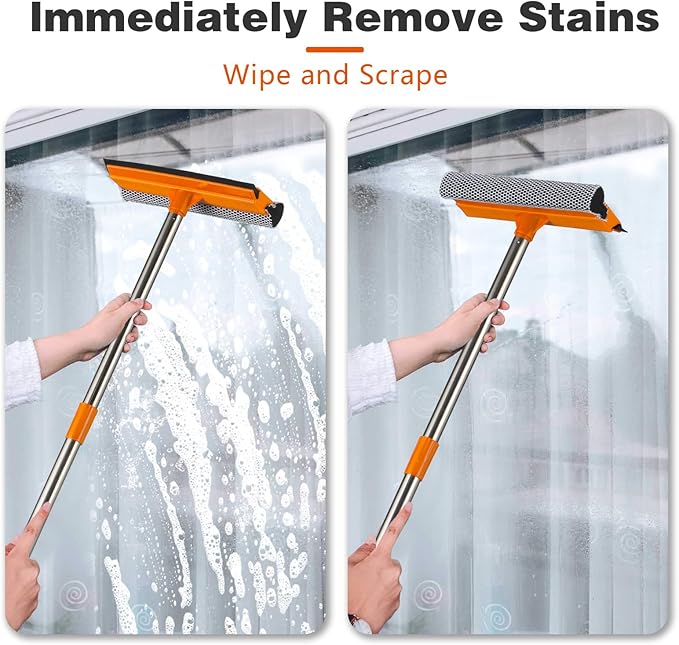 15.9" Window Squeegee with Extension Pole - 2-in-1 Glass Cleaner and Sponge Scrubber for Shower, Car Windshield, Home and Outdoor High Windows with Stainless Steel Handle