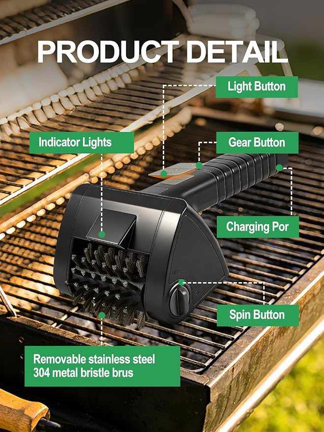 Electric Grill Brush, Cordless Rechargeable BBQ Cleaner with 4000mAh Battery, 2-Speed, LED Light, 304 Stainless Steel Removable Brush Head, Grill Clean Tool for Outdoor Grill