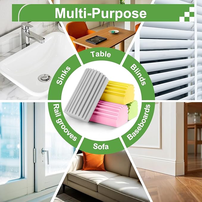 Jeymei 4-Pack Damp Clean Duster Sponge,Damp Dusting Sponge,Duster Baseboard Cleaner Sponge with Ridges,Reusable Wet Duster Sponge,Household Cleaning Sponges for Blinds(Grey,Yellow,Pink,Green)