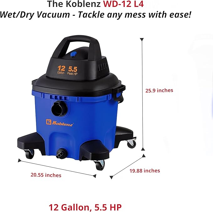 Koblenz WD-12 L4 Wet Dry Vacuum Cleaner, 12 Gallon 5.5 PHP, 3-in-1 Suction & Blower, 32 ft Reach, Drain Plug, Large Vacuum Cleaner for Car, Shop Vacuum Wet and Dry, Click-N-Lock Hose, Blue/Black