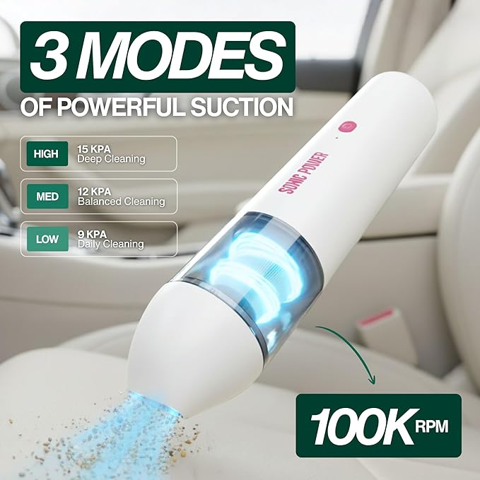 SonicPower Portable Cordless Car Vacuum, 15000Pa High Suction Handheld Vacuum Cleaner, 2-in-1 Vacuum & Blower, with 4 Attachments & Portable Storage Bag for Car, Home, Pet & Office (White & Pink)