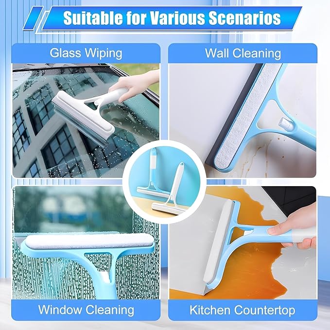 Shower Squeegee for Glass Doors, 3 in 1 Squeegee for Shower Glass with Spray, Scrubber and Shower Squeegee for Glass Doors, Mirrors, Car and Home, All-Purpose Window Cleaner Tool (White)