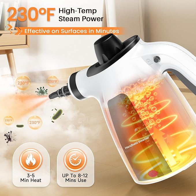 LABIGO Steam Cleaner, Pressurized Handheld Multi-Surface Natural Steam Cleaner with 12pcs Accessory & Safety Lock, Portable Steamer for Cleaning Home, Kitchen, Bathroom, Car, Upholstery, Grout, Window