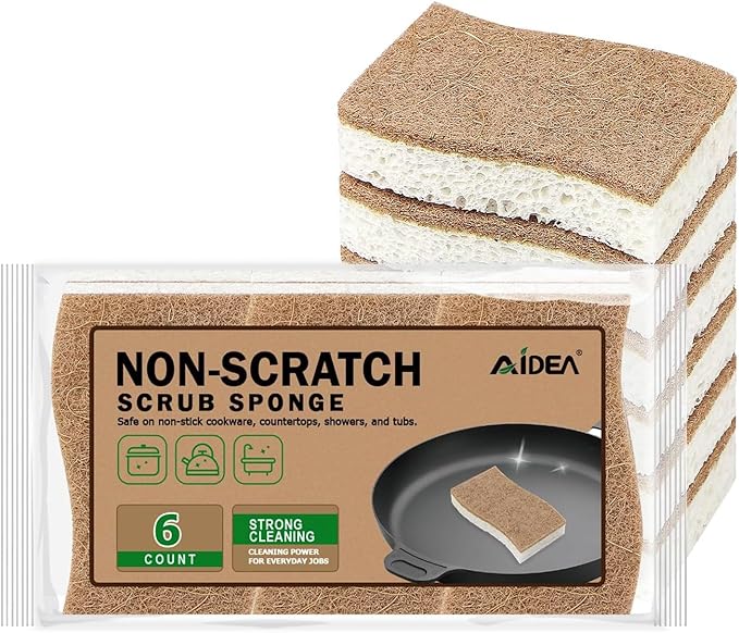 AIDEA Sponges Non Scratch, 6Count, Natural Sponge for Non Stick Cookware, Sponges Kitchen, Cellulose Scrub Sponge for Dishes, Cleaning Power for Kitchen, Bathroom, Household