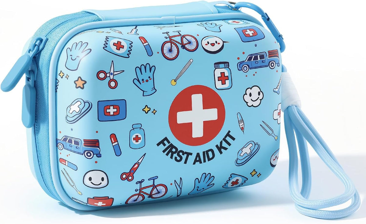 Mini First Aid Kit for Kids - 160 Pcs Hard Shell Emergency Kit, Blue