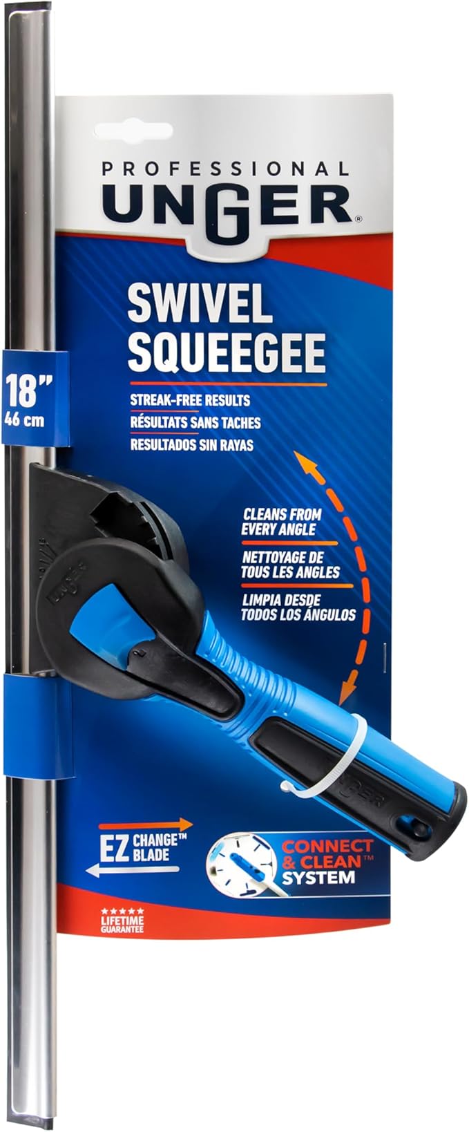 Unger Professional Connect and Clean 18” Swivel Window and Glass Cleaning Squeegee with EZ Change, Large Surfaces with Streak-Free Results, Swiveling Head for Corners and Edges, Rubber Replacement
