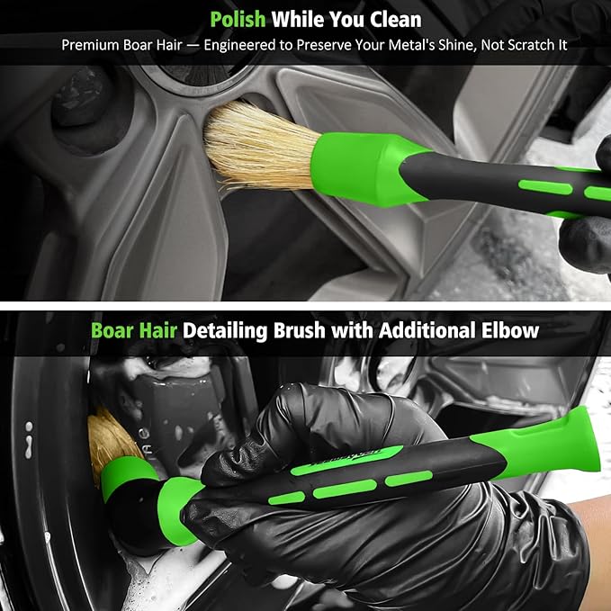 YeewayVeh 4PCS Car Wheel Cleaning Kit, 360° Bendable Wheel Brush with Premium Boar Hair Detailing Brush | Microfiber Scratch-Free Wheel and Tire Brush Kit for Cleaning Wheels,Tires