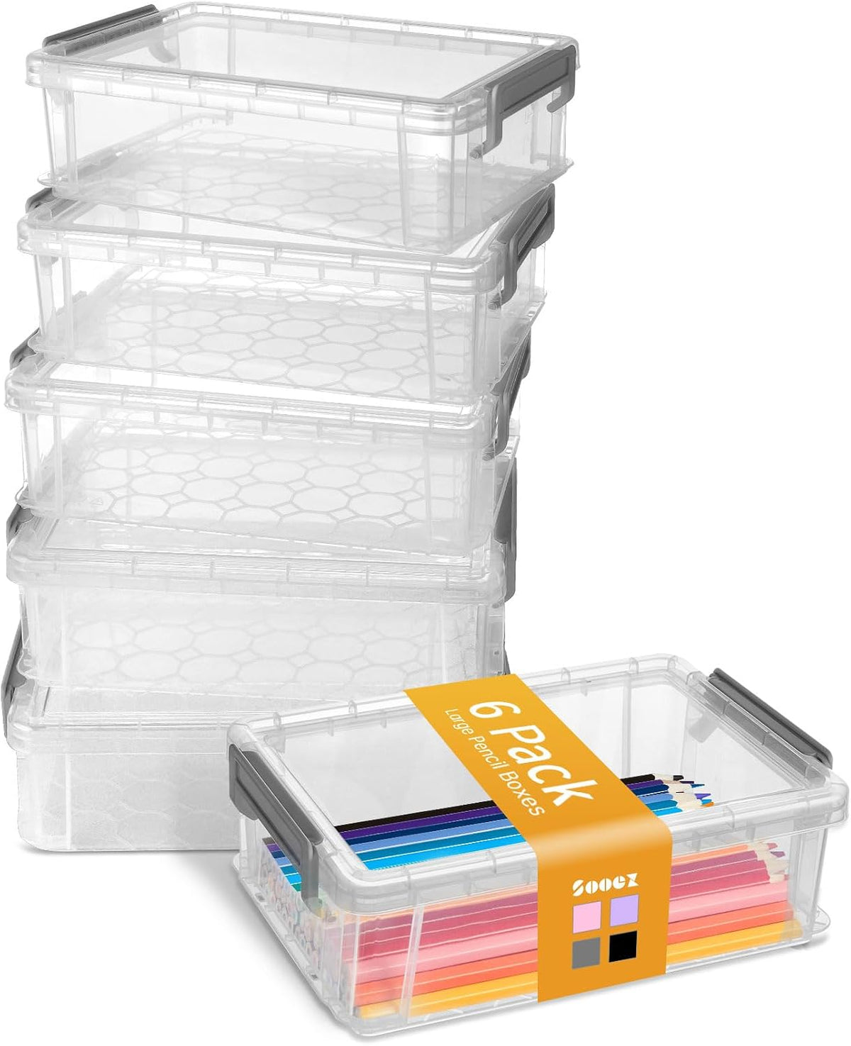 6 Pack Extra Large Pencil Box, Plastic Pencil Case Crayon Box