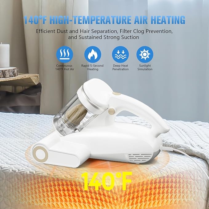 Bed Vacuum Cleaner Mattress Vacuum Cleaner,16Kpa Powerful Handheld Vacuums with UV-C Light & Double Dust Cup & High Heating & Ultrasonic & HEPA Filter for Bed Sofa(Corded,Paper White)