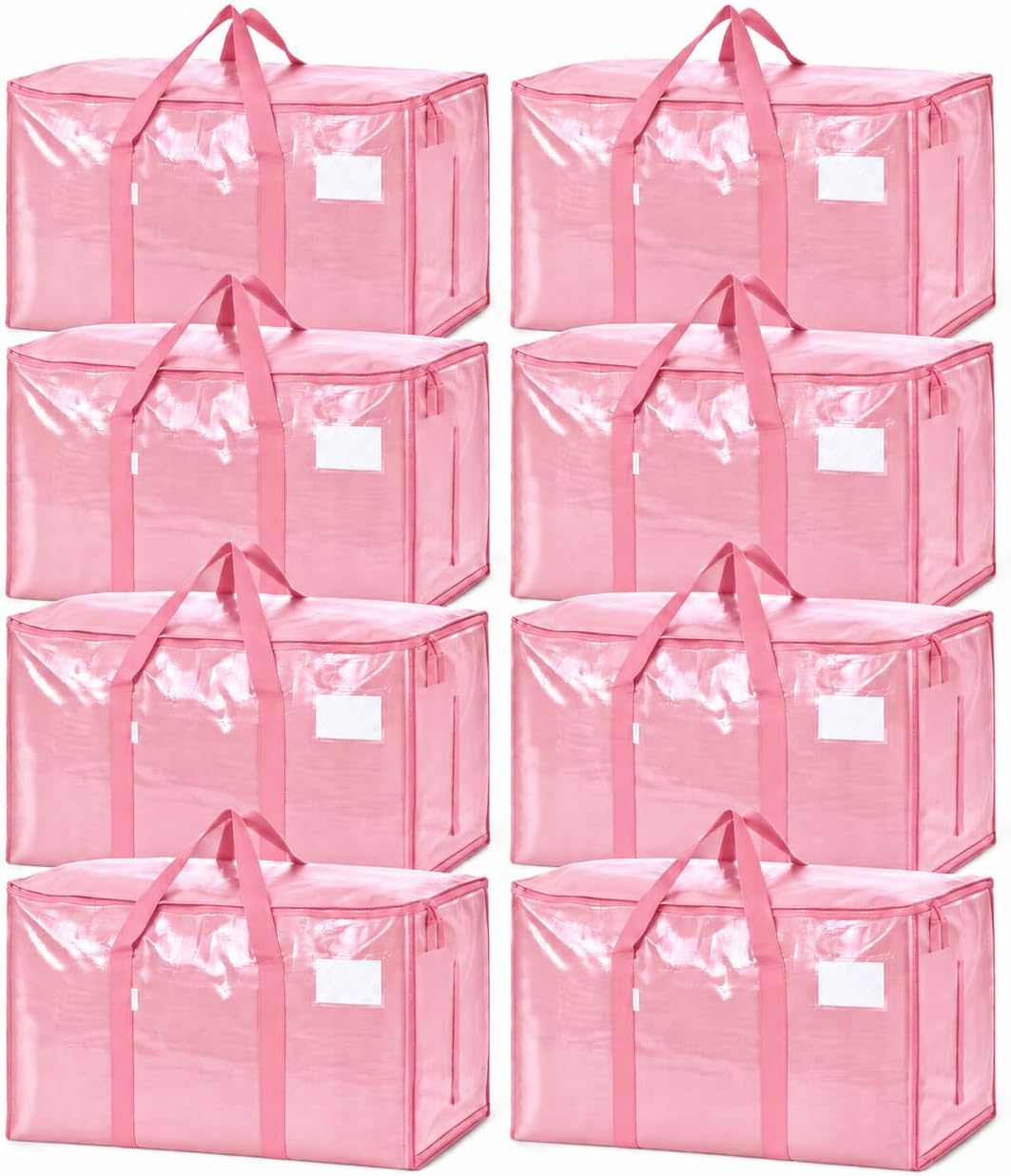 8 Pack 24 Gal Heavy Duty Moving Bags, Extra Large Storage Totes Zipper, Reinforced Handles, Label Window, Pink, Reusable Tote (Pink, 8 Pack)