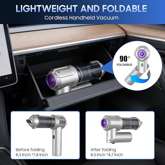 car Vacuum Portable Cordless, 18000PA Brushless Motor Hand Held Vacuum,Air Duster, 120W High Power Mini Vacuum Cleaner Foldable with LED Screen for Home, Car, Office, Pet
