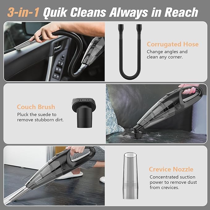 BSRCO Handheld Vacuum Cordless Rechargeable 3-in-1, Car Vacuum Portable Cordless with USB Charge, Handheld Vacuum with LED Light, HEPA Filter, 1.65LBs Lightweight Vacuum Cleaner for Dust, Pet Hair
