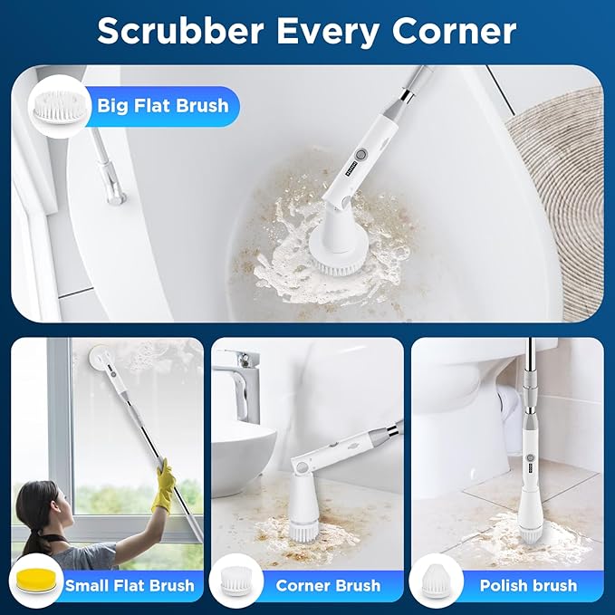 Electric Spin Scrubber, Bathroom Cleaner, Power Shower Cleaning Brush with Extendable Handle & 4 Brush Heads, Shower Scrubber for Bathtub Tile Grout Kitchen Window and Floor