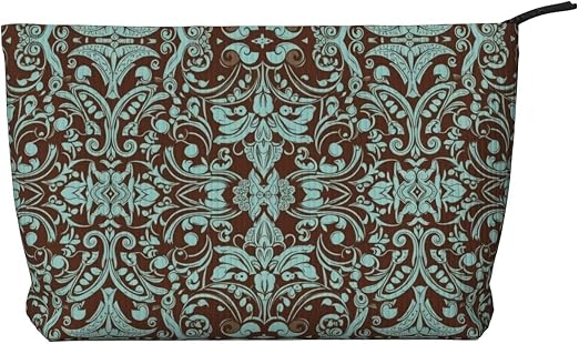 Country Teal Brown Western Rustic Tooled Cowboy Corduroy Cosmetic Organizer Zippered Travel Toiletry Bags Capacity Makeu