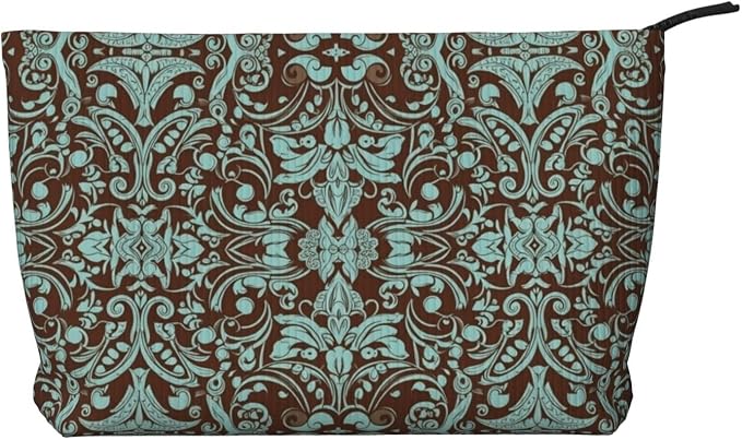 Country Teal Brown Western Rustic Tooled Cowboy Corduroy Cosmetic Organizer Zippered Travel Toiletry Bags Capacity Makeu