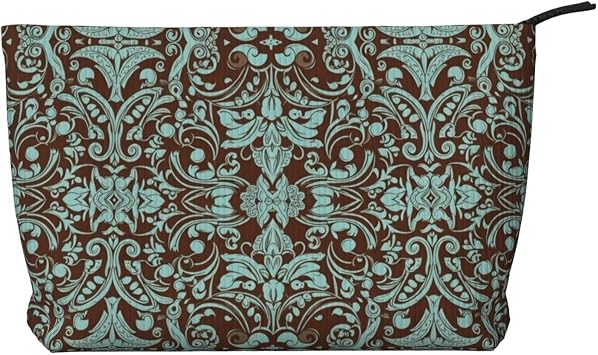 Country Teal Brown Western Rustic Tooled Cowboy Corduroy Cosmetic Organizer Zippered Travel Toiletry Bags Capacity Makeu