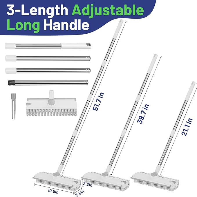 Floor Scrub Brush with Long Handle: 3 in 1 Heavy-Duty Floor Scrubber Brush with Squeegee for Cleaning Tile Bathroom Deck Kitchen Patio - White