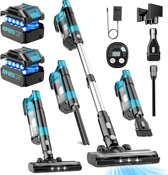 700W Cordless Vacuum Cleaners for Home with 2*Battery 8000mAh,Brushless Rechargeable Stick Vacuum with 3 Mode, 6 in 1 Portable Handheld Cordless Vacuum for Pet Hair/Hardwood Floor/Dorm - Cleanova