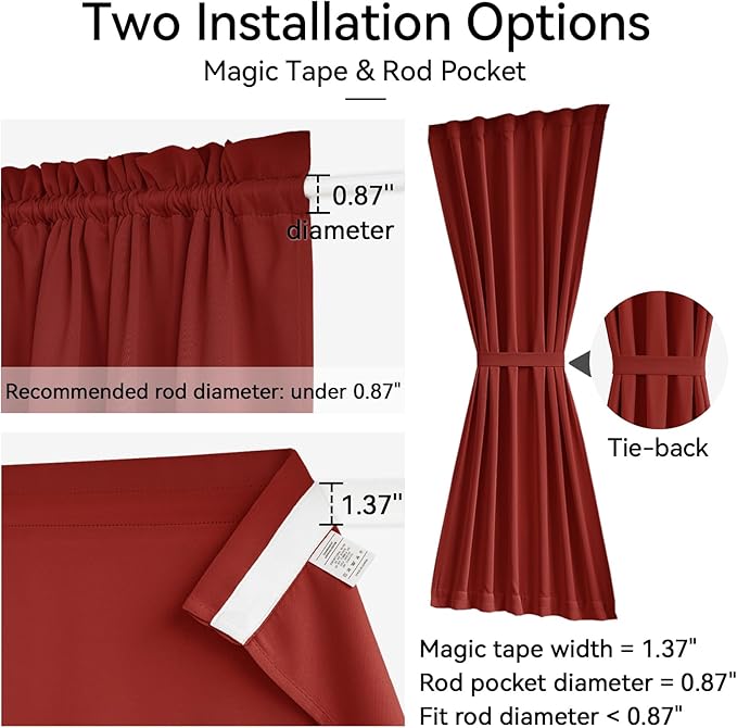 Vatge Privacy French Door Curtain - Thermal Insulated Self Adhesive Blackout Door Curtains with Tieback, 1 Panel, W54 x L40, Red