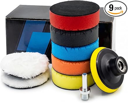 9Pcs Buffing Polishing Pads Kit, 3 Inch Buffing Pads, Sponge & Woolen Pads with M14 Drill Adapter & Backing Plate for Ca