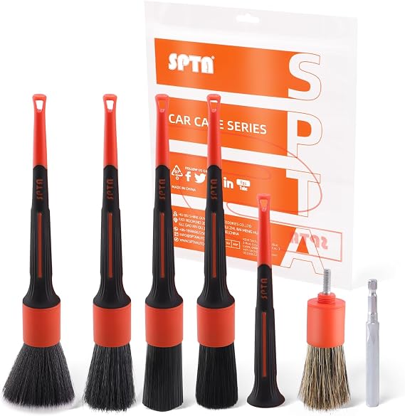Car Detailing Brush Set, 5 Pack SPTA V2.0 Soft Boar Hair Auto Detail Brush Kit with Drill Adapter, for Automotive Interi