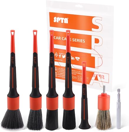 Car Detailing Brush Set, 5 Pack SPTA V2.0 Soft Boar Hair Auto Detail Brush Kit with Drill Adapter, for Automotive Interi