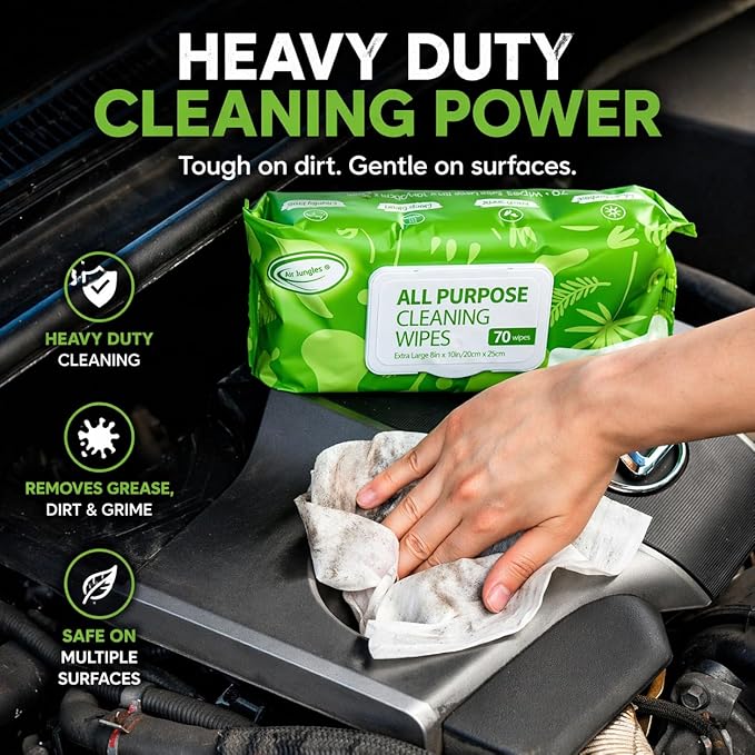Air Jungles All Purpose Cleaning Wipes 70 Count, Extra Large 8" x 10" Heavy Duty for Car Interior, Kitchen, Bathroom, Gym Equitment, Tools - Non-Toxic Safe for Multi-Surface