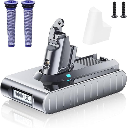 10000mAh Replacement Battery for Dyson V6 – LCD Display with Percentage, Longer Runtime, for V6 Animal Motorhead Fluffy Absolute SV03 SV04 SV05 DC58 DC59 DC61 Vacuum Cleaner, 2 Filters Included