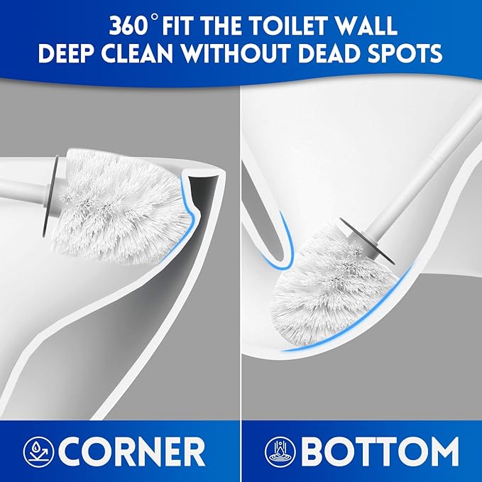 Y-in Hand Toilet Brush and Holder Set, 2 Pack Toilet Scrubber, Compact Size for Storage and Organization, Bathroom Accessorie, Easy to Assemble, Classic PP Bristle, Wall Mountable. - White