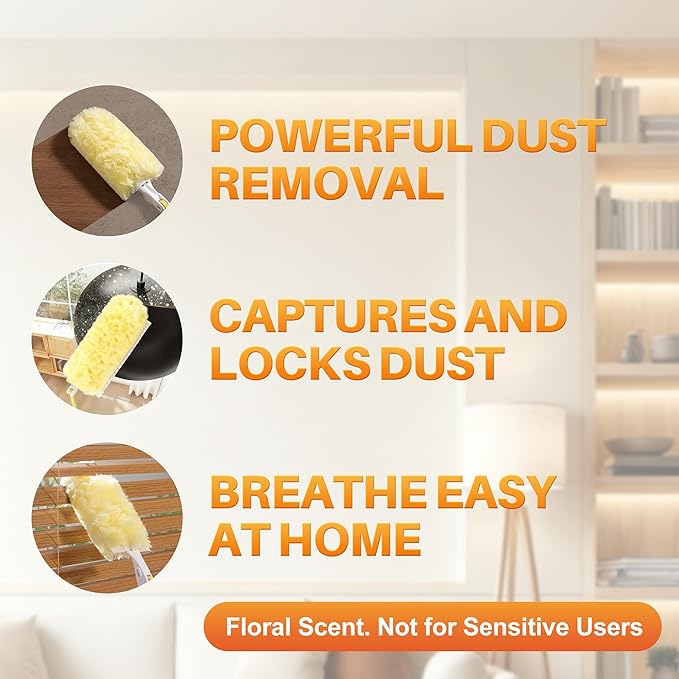 JOYMOOP Scented Telescopic Duster kit, 3FT Extendable Handle (Yellow) + 24 Yellow Refills for Swiffer Feather Duster,Easy Cleaning for Ceilings, Ceiling Fans, Blinds, Vents & Shelves