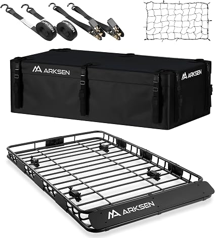 ARKSEN 64"x39"x4" Roof Rack Cargo Basket with Bag, Net & Ratchet Straps