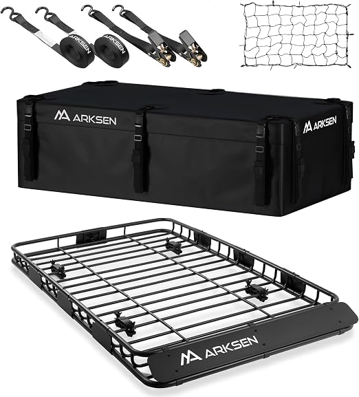ARKSEN 64"x39"x4" Roof Rack Cargo Basket with Bag, Net & Ratchet Straps