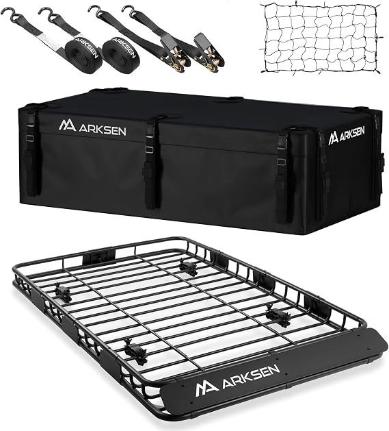 ARKSEN 64"x39"x4" Roof Rack Cargo Basket with Bag, Net & Ratchet Straps