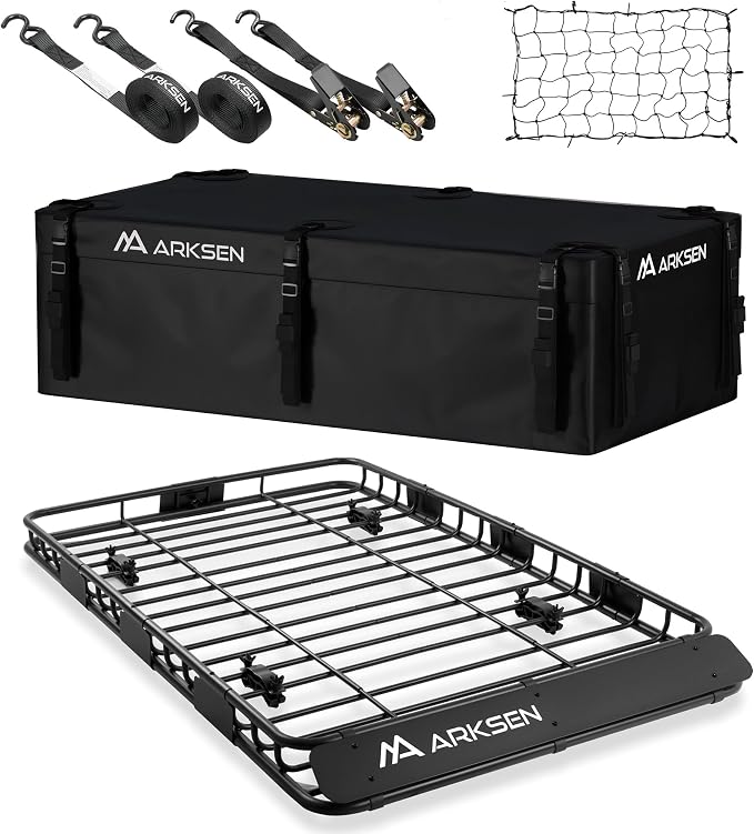 ARKSEN 64"x39"x4" Roof Rack Cargo Basket with Bag, Net & Ratchet Straps