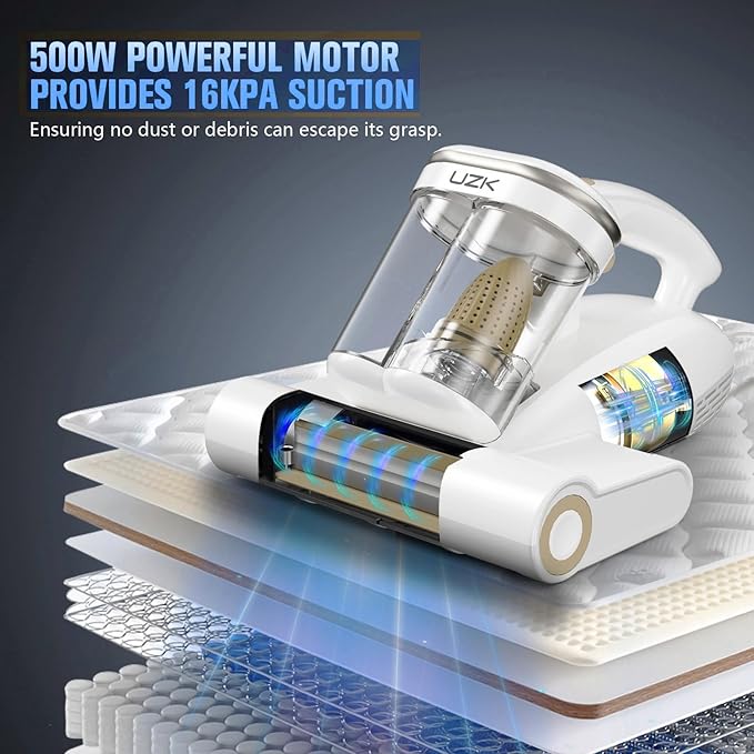 Bed Vacuum Cleaner Mattress Vacuum Cleaner,16Kpa Powerful Handheld Vacuums with UV-C Light & Double Dust Cup & High Heating & Ultrasonic & HEPA Filter for Bed Sofa(Corded,Porcelain White)