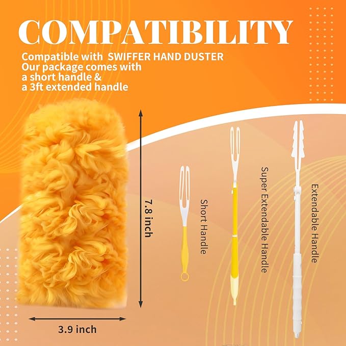 Duster Refill for Swiffer Duster, 50 Count Disposable Dusters Kit for Cleaning Dusting Furniture Blind Ceiling Fan, Multi Surface 360 Feather Duster + 3FT Extended Handle + Short Handle